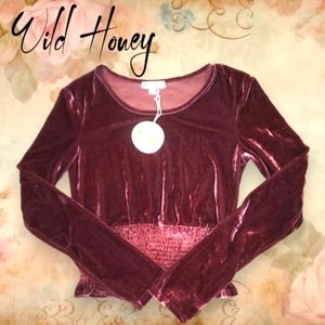 NWT Women's Wild Honey Wine Velvet, Long Sleeve Crop Top Size: L